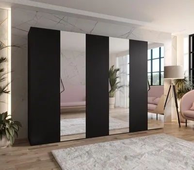 Obrázok produktu pre Veľká zrkadlová šatníková skriňa 300 cm AMARIS 2 - čierna / kašmírové úchyty