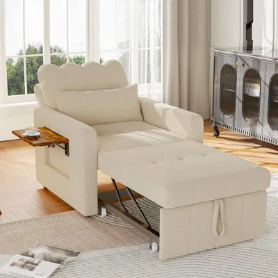 Image de ProximaX Canapé-lit individuel beige - Tissu chenille, ajustable & extensible - Avec plateau latéral & sac de rangement - Confortable & pratique