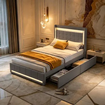 Productafbeelding van Bed met stoffen bekleding, 90x200 cm, met LED-verlichting, USB-poorten en lades. Enkelbed met opbergruimte en lattenbodem, geschikt als tienerbed. Bekleding: linnen (grijs, 90x200)