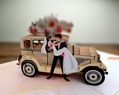 Produktbild von 3D Pop Up Hochzeitskarte für Braut und Bräutigam mit Oldtimer Blumenakzente Gutschein für Hochzeitsreise & Geldgeschenk, Flitterwochen Geschenk