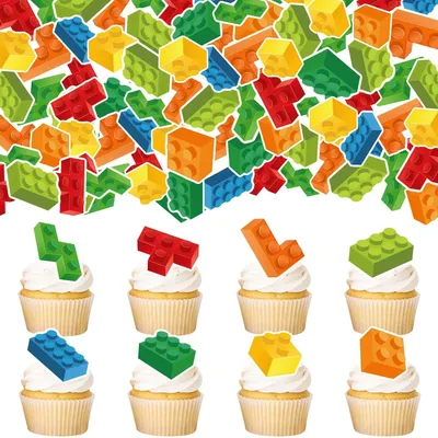 Productafbeelding van 64 Stuks Eetbare Bouwsteen Cupcake Toppers voor Feestdecoratie