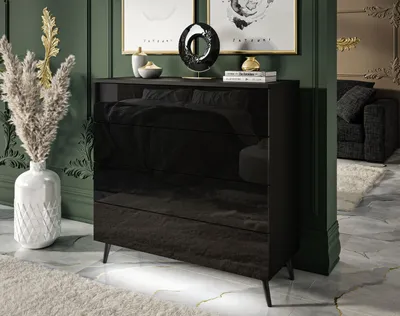 Produktbild von AURA Kommode Schubladen PUSH OPEN Schwarz / Schwarz hochglanz, Beine: Schwarz