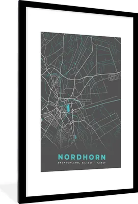 Produktbild von MuchoWow® Gerahmtes Poster Deutschland - Blau - Nordhorn - Stadtplan - Karte 60x90 cm - Poster mit Schwarzem Bilderrahmen Wandposter Rahmen Foto Bilder - Dekoration - Wandposter Wohnzimmer - Hochwertig
