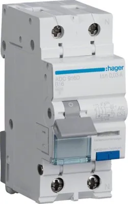 Produktbild von HAGER RCBO Fehlerstrom-/Leitungsschutzschalter 1P+N 6kA B16A 30mA Typ AC ADC916D