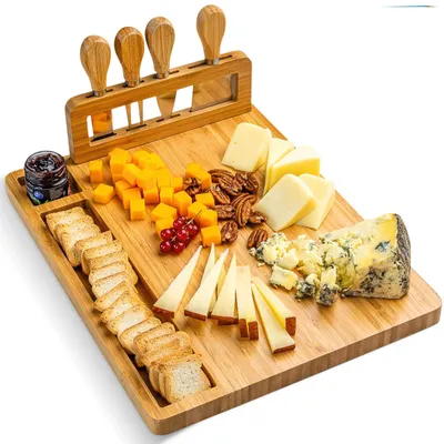 Produktbild von Käsebrett mit Käsemesser Set 35x28cm – Servierplatte aus Holz für Käse & Häppchen – Servierbrett Holz Käseplatte oder Schneidebrett Küchenbrett