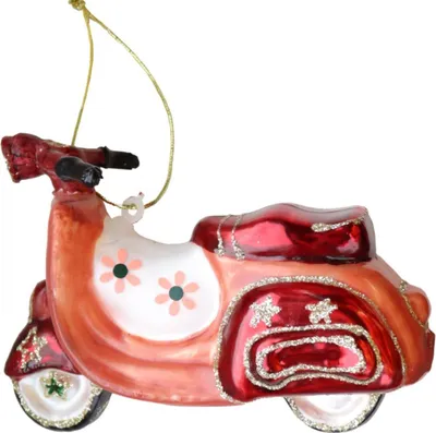 A glass ornament shaped like a red and pink scooter.