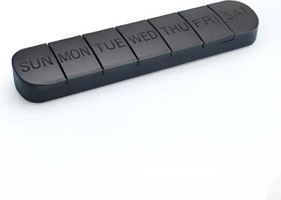 Produktbild von 7-Fach Pillendose mit Einzelverschlüssen - Wochenvorrat in Schwarz, Praktische Langform, Hygienisch & Übersichtlich