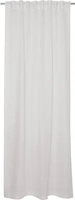 A white curtain hanging from a rod.