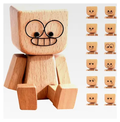 Produktbild von Wackelfigur Auto aus Holz mit 12 austauschbaren magnetischen Gesichtsausdrücken, handgefertigte Auto-Dekoration für Armaturenbrett, Schüttelmann aus Holz, Geschenkidee