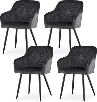 Imagen del producto de Juego de 4 sillas de comedor, sillas de cocina en color gris antracita, tapizadas en terciopelo, con reposabrazos y patas de metal. Sillones tapizados para comedor o cocina (juego de 4, color gris antracita)