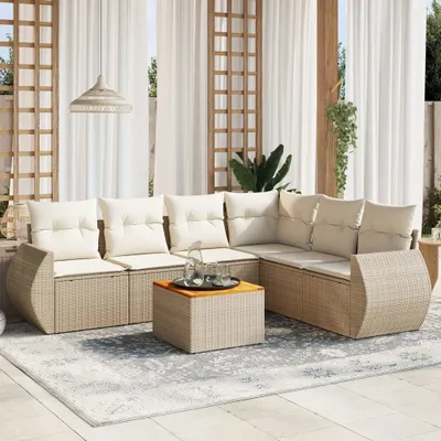 Produktbild von Design 7-tlg. Garten-Sofagarnitur mit Kissen Beige Poly Rattan, Gartenmöbel-Sets 2024 Neu