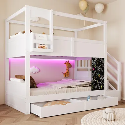 Obrázok produktu pre Postel na poschodie Flieks, 90x200 cm, s LED osvetlením, detská postel v tvare domčeka s tabuľou a úložným priestorom, vysoká posteľ s rebríkom a dvoma zásuvkami, poschodová posteľ, jedno lôžko, biela