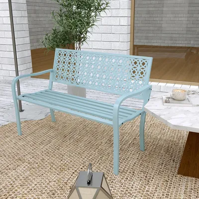 Produktbild von Gartenbank 2-Sitzer Stahl, Parkbank mit Armlehnen, ausgeschnittene Rückenlehne, pulverbeschichtet, Blau | 127 x 63 x 85 cm | bis 240 kg | wetterfest