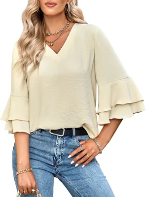 Produktbild von ASKSA Damen Bluse Rueschenaermel V-Ausschnitt Blusen Tunika Tops, Aprikose, S