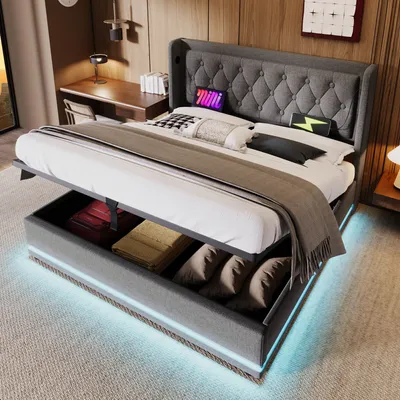 Produktbild von MODFU Boxspringbett Hydraulisches 180 x 200 cm mit LED-Beleuchtung, Polsterbett Funktionelles mit USB-Ladeanschluss, Doppelbett Stauraumbett mit Bettkasten Stauraum, Baumwolle-Material Grau(Ohne Matratze)