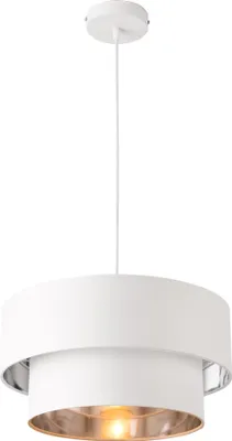 A white pendant lamp with a silver interior and a copper-colored light source.
