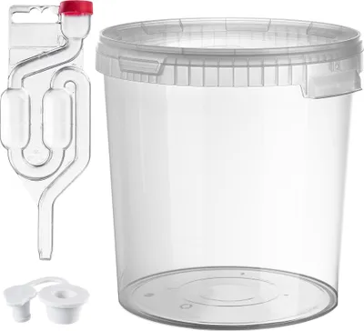 A clear studio shot of a fermentation bucket and an airlock.