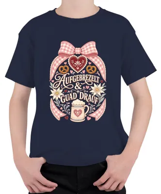 Obrázek produktu pro Tradiční bavorský outfit na : Dámské šaty "Dirndl", pánské kalhoty "Lederhose", dětské tričko, tmavě modrá barva, velikost 128
