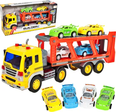 Produktbild von Malplay Abschleppwagen Spielzeug | Mit Licht & Sound | Transport-Lkw Autotransporter Mit 4 Stück Buntes Mini Autos | Länge 37 Cm | Ab 3 Jahren | Geschenk Für Kinder