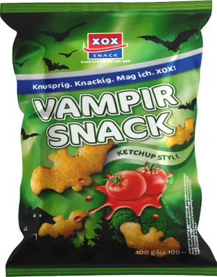 Productafbeelding van XOX Vampier Snack Ketchup, in de vorm van een grappige vleermuis, verpakking van 100 gram