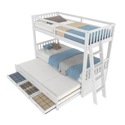 Produktbild von Etagenbett, 90x200 cm, Kinderbett mit 3 Schlafgelegenheiten, Lattenrost, Leiter und Schubladen, umbaufähig zu 2 Einzelbetten, Kiefer