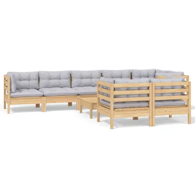 Image de vidaXL Ensemble salon de jardin 9 pièces avec coussins gris pin massif