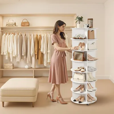 Produktbild von Drehbarer Schuhschrank für 28 Paar Schuhe, 7 Ebenen, mit Rollen und 360°-Drehfunktion, Schuhablage für Schlafzimmer, Wohnzimmer und Eingangsbereich, Weiß, 598 x 598 x 1670 mm