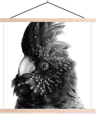 Produktbild von MuchoWow® Textilposter Nahaufnahme eines Kakadus vor einem rosa Hintergrund - schwarz und weiß 40x40 cm mit holzfarbenen Rahmen - Posterleiste