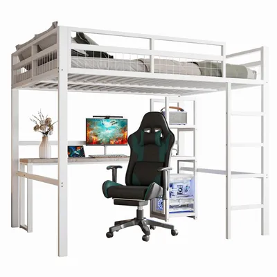 Produktbild von Hochbett, 140 x 200cm, Eisenrahmen, mehrere Einlegeböden, Schreibtisch mit Steckdose, mit usb type-c, Geländer, Trittleiter, ohne Matratze, weiß