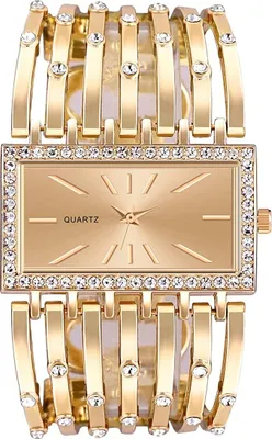 A close-up studio shot of a gold-colored women's watch with a rectangular face and a decorative bracelet.