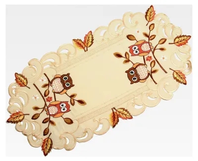 Produktbild von Eulen Tischdeckchen Tischläufer Decke Kissenhülle Leinen-Optik Creme Beige Herbst Blatt Stickerei