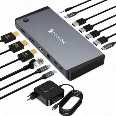Produktbild von Siltcon® 14-in-1 USB-C Dockingstation mit 100 W Adapter – 2x DisplayPort & HDMI 4K 60Hz – RJ45 – 100 W PD – Spacegrau