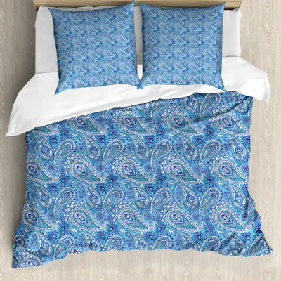 Obrázek produktu pro ABAKUHAUS modrá paisley povlečení sada, motivy tradičních květinových motivů v modrých tónech vzor, 155 x 220 cm + 80 x 80 cm, nebesky modrá a bílá