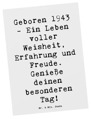 Produktbild von Mr. & Mrs. Panda Postkarte Spruch 1943 Geburtstag - Weiß - Geschenk, Ansichtskarten, Geburtsjahr, Happy Birthday, Postkarten, Ansichtskarte, Alter, Geburtstagsgeschenk