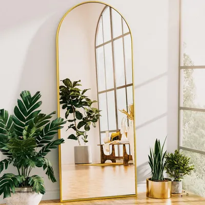 Image de Miroir mural avec cadre doré en forme d'arc, dimensions 162,6 x 53,3 cm, idéal pour une chambre