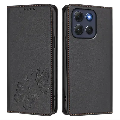 Produktbild von Lederhülle für Motorola Moto G86, Schmetterling Prägung Leder Brieftasche Schutzhülle mit Ständer Schwarz
