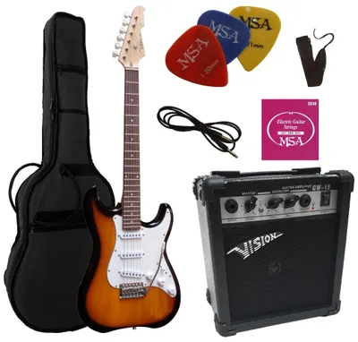 Produktbild von 4/4 Elektrogitarrenset - E-Gitarre Sunburst 20 Watt Set - Tasche, Band, Saiten, 3xpik, Verstärker - e gitarren set