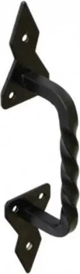 A black metal door handle with a twisted grip.