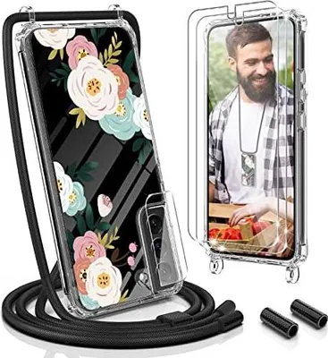 Image de Coque fleur avec cordon noir pour Samsung Galaxy S22 6,6" 2x verre trempé