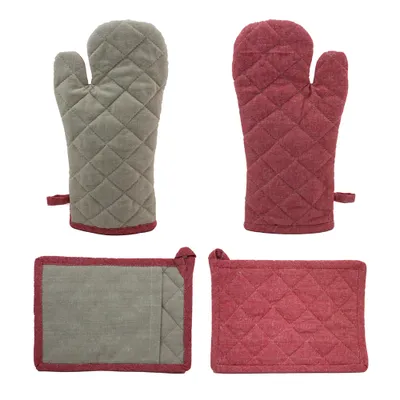 Productafbeelding van Home Elements ovenhandschoen met onderzetter, beige en rood