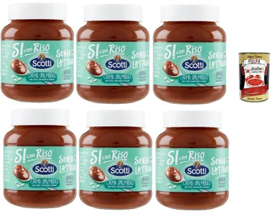 Produktbild von Riso Scotti, Si con Riso, Streichfähige Creme mit Reis, Haselnüssen und Kakao, Haselnusscreme ohne Laktose, ohne Gluten und ohne Palmöl, ohne Milcheiweiß, 6x 400 gr + Italian Gourmet polpa 400g