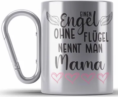 Produktbild von Trendation - Engel Ohne Flügel Nennt Man Mama Edelstahl Tasse Karabiner Geschenk Spruch Liebevoll Beste Mutter Muttertag Muttertagsgeschenk (Silber)