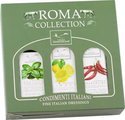 Produktbild von Food-United DRESSING-OLIVENÖL Fläschchen Geschenkset 3x 100ml, ROMA COLLECTION, italienisches Olivenöl extra nativ kaltgepresst mit nur 0,8 % Säure, von TERRE FRANCESCANE, Basilikum Zitrone Chili