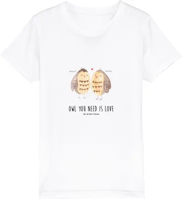 Produktbild von Mr. & Mrs. Panda Kleinkinder T-Shirt Eulen Liebe 5-6 Jahre (110/116) - Weiß - Geschenk, Pärchen, Eule, Kindershirt, Teenager, Öko Kinder, Liebesspruch, glücklich, Jungen