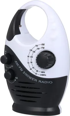 A white and black AM/FM shower radio with a handle.