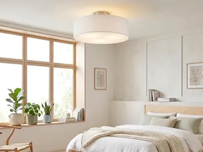Produktbild von Deckenleuchte mit Stoff Lampenschirm Weiß 40cm - Textil Deckenlampe Stoffschirm