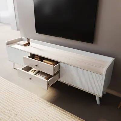Immagine prodotto di Mobile TV - Mobile TV con ante - Mobile basso - Mobile multimediale - Mobile TV a giorno - Colore bianco e finitura effetto legno - Larghezza 160 cm
