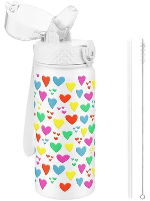 Produktbild von Trinkflasche Kinder 550ml Edelstahl mit Strohhalm auslaufsicher BPA-frei Weißes Herz