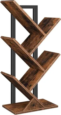 Productafbeelding van Famanu boekenkast met 4 niveaus, houten DVD-rek, boomvorm, metalen frame, vintage bruin