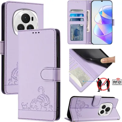 Produktbild von Leder Hülle für Honor Magic6 Pro Süße Katze Flip Case Brieftasche Schutzhülle mit Standfunktion Lila